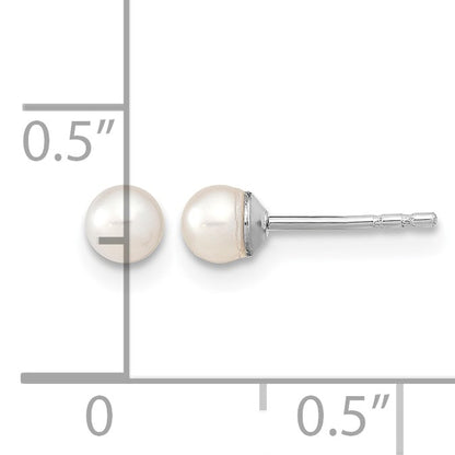 Sterling Silver Rhodium-plated 3-4mm White Round Freshwater Cultured Pearl Post Earrings