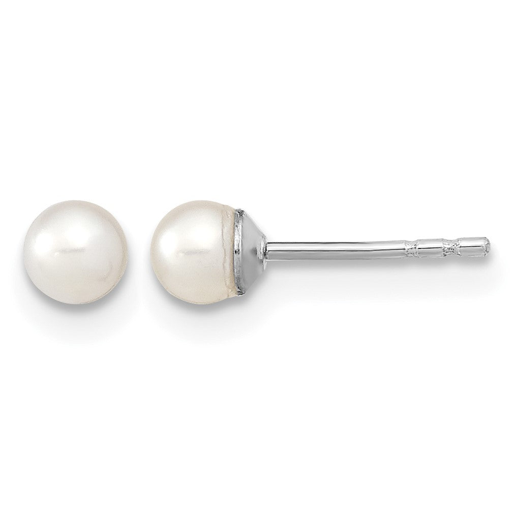 Sterling Silver Rhodium-plated 3-4mm White Round Freshwater Cultured Pearl Post Earrings