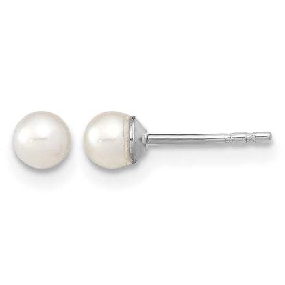 Sterling Silver Rhodium-plated 3-4mm White Round Freshwater Cultured Pearl Post Earrings