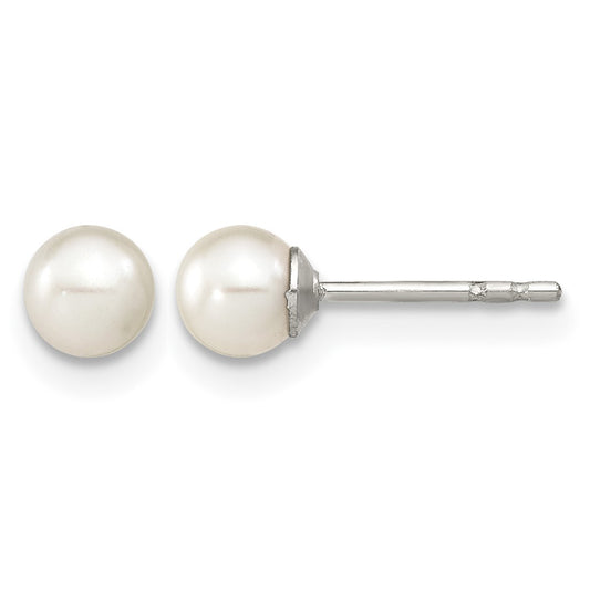 Sterling Silver Rhodium-plated 4-5mm White Round Freshwater Cultured Pearl Post Earrings