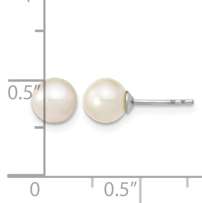 Sterling Silver Rhodium-plated 6-7mm White Round Freshwater Cultured Pearl Post Earrings
