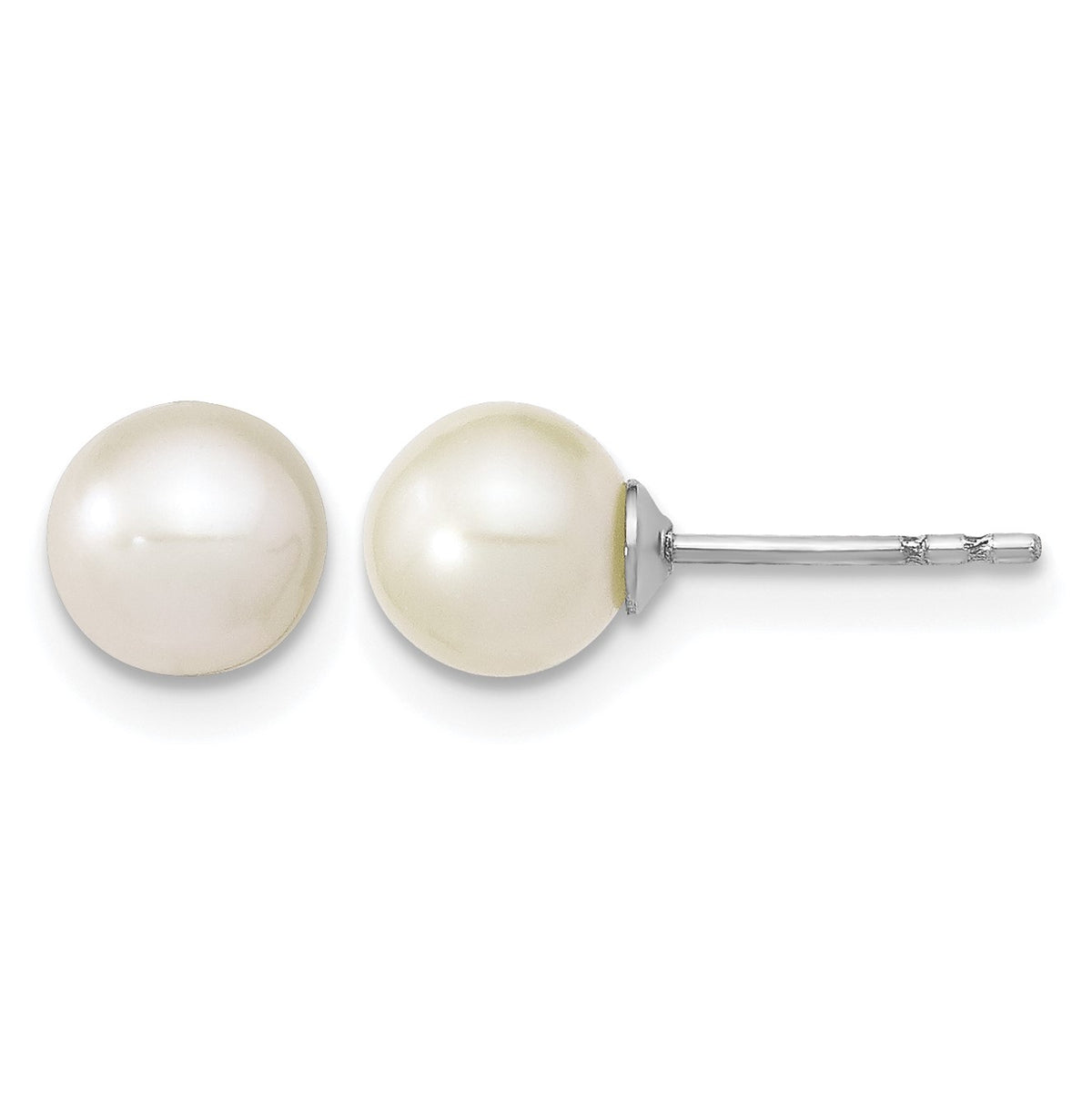 Sterling Silver Rhodium-plated 6-7mm White Round Freshwater Cultured Pearl Post Earrings