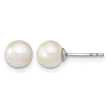 Sterling Silver Rhodium-plated 6-7mm White Round Freshwater Cultured Pearl Post Earrings