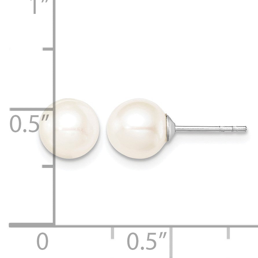 Sterling Silver Rhodium-plated 7-8mm White Round Freshwater Cultured Pearl Post Earrings