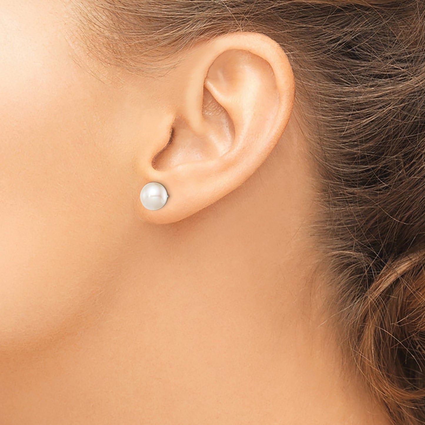 Sterling Silver Rhodium-plated 8-9mm White Round Freshwater Cultured Pearl Post Earrings