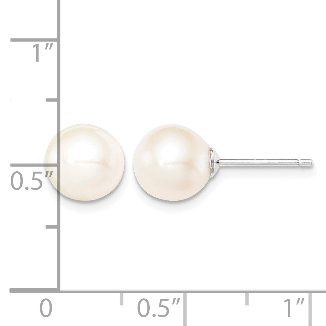 Sterling Silver Rhodium-plated 8-9mm White Round Freshwater Cultured Pearl Post Earrings