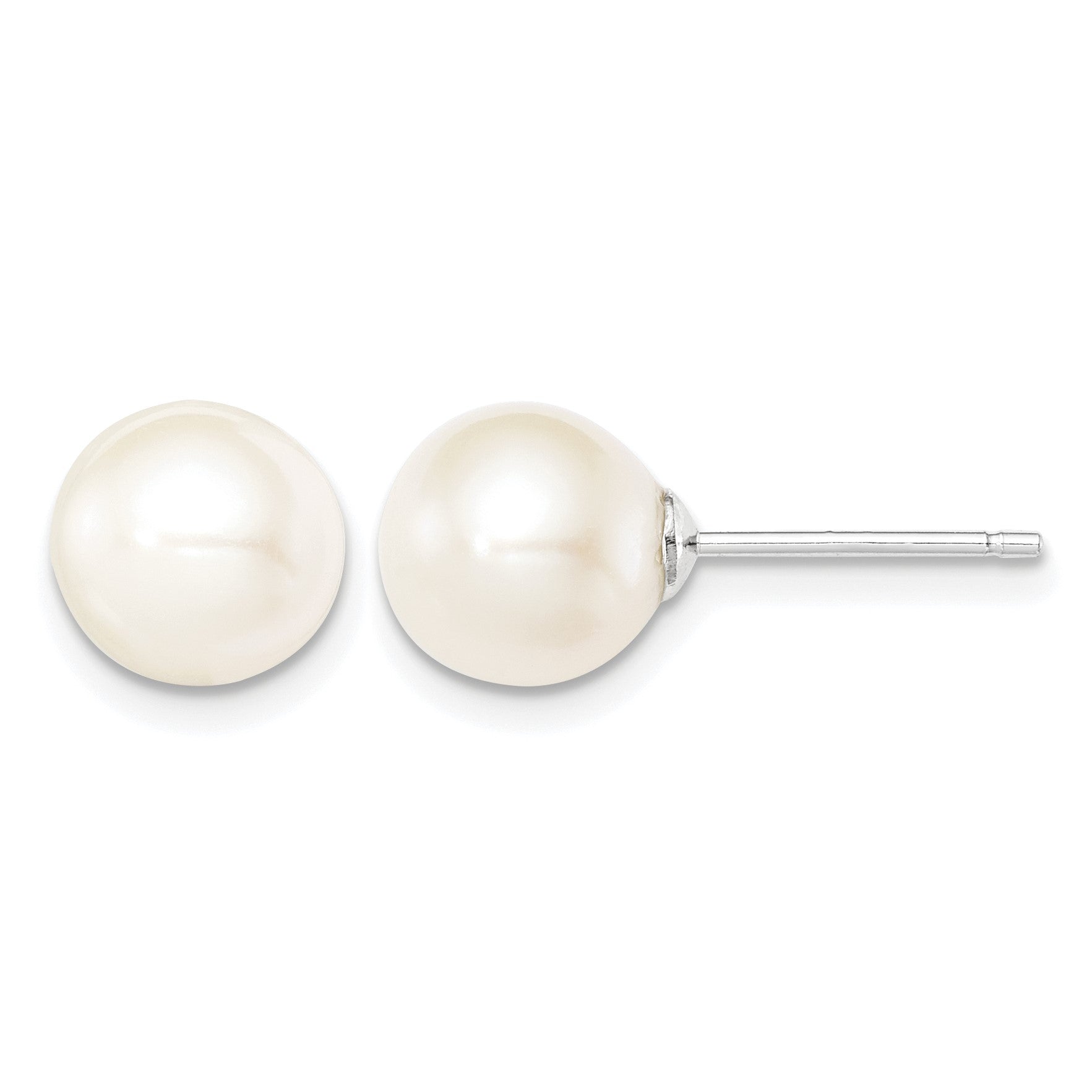 Sterling Silver Rhodium-plated 8-9mm White Round Freshwater Cultured Pearl Post Earrings