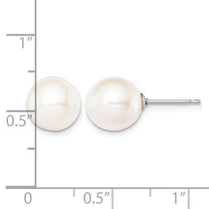 Sterling Silver Rhodium-plated 9-10mm White Round Freshwater Cultured Pearl Post Earring