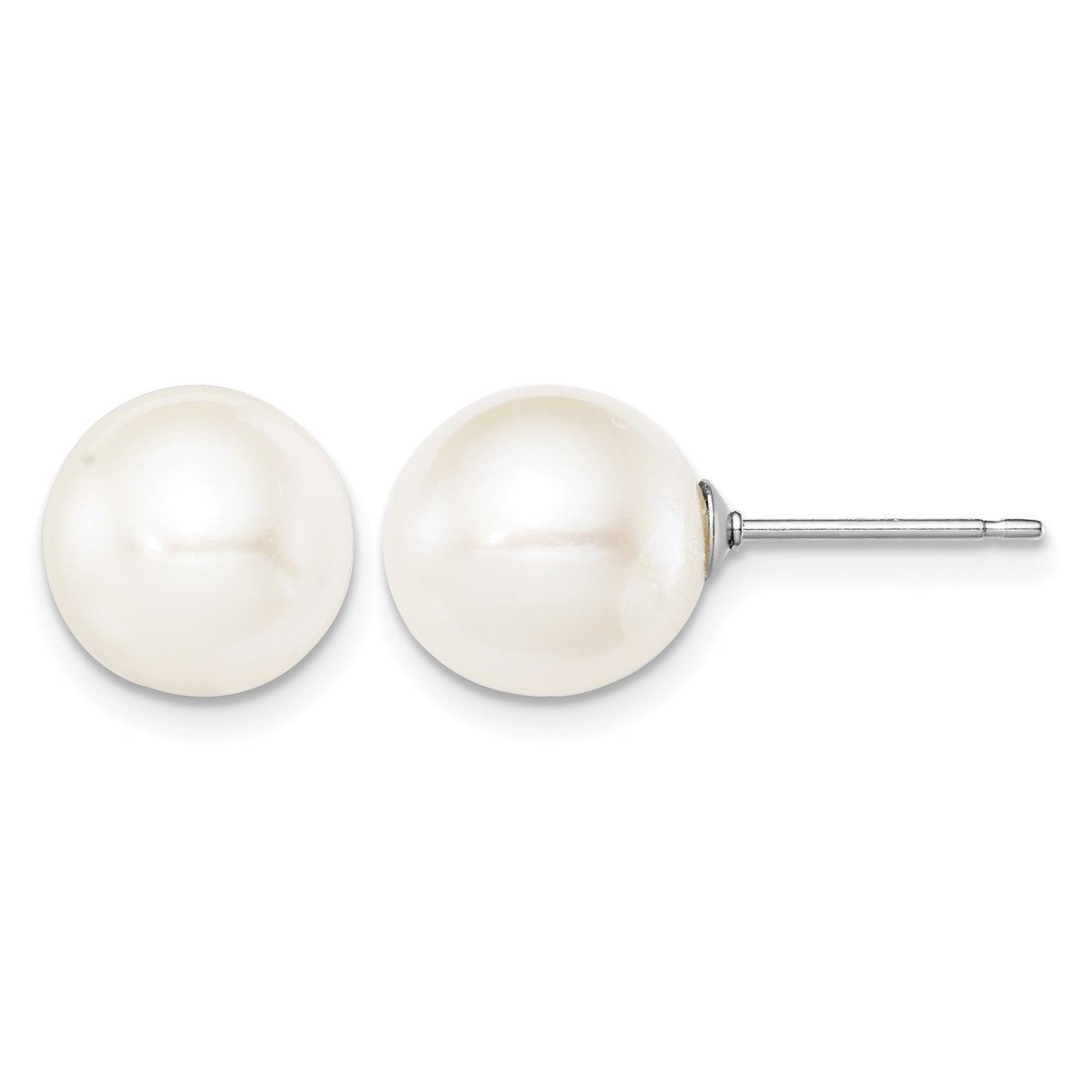 Sterling Silver Rhodium-plated 9-10mm White Round Freshwater Cultured Pearl Post Earring
