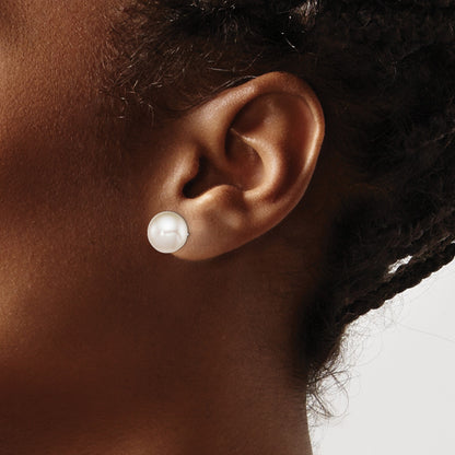 Sterling Silver Rhodium-plated 10-11mm White Round Freshwater Cultured Pearl Post Earrings