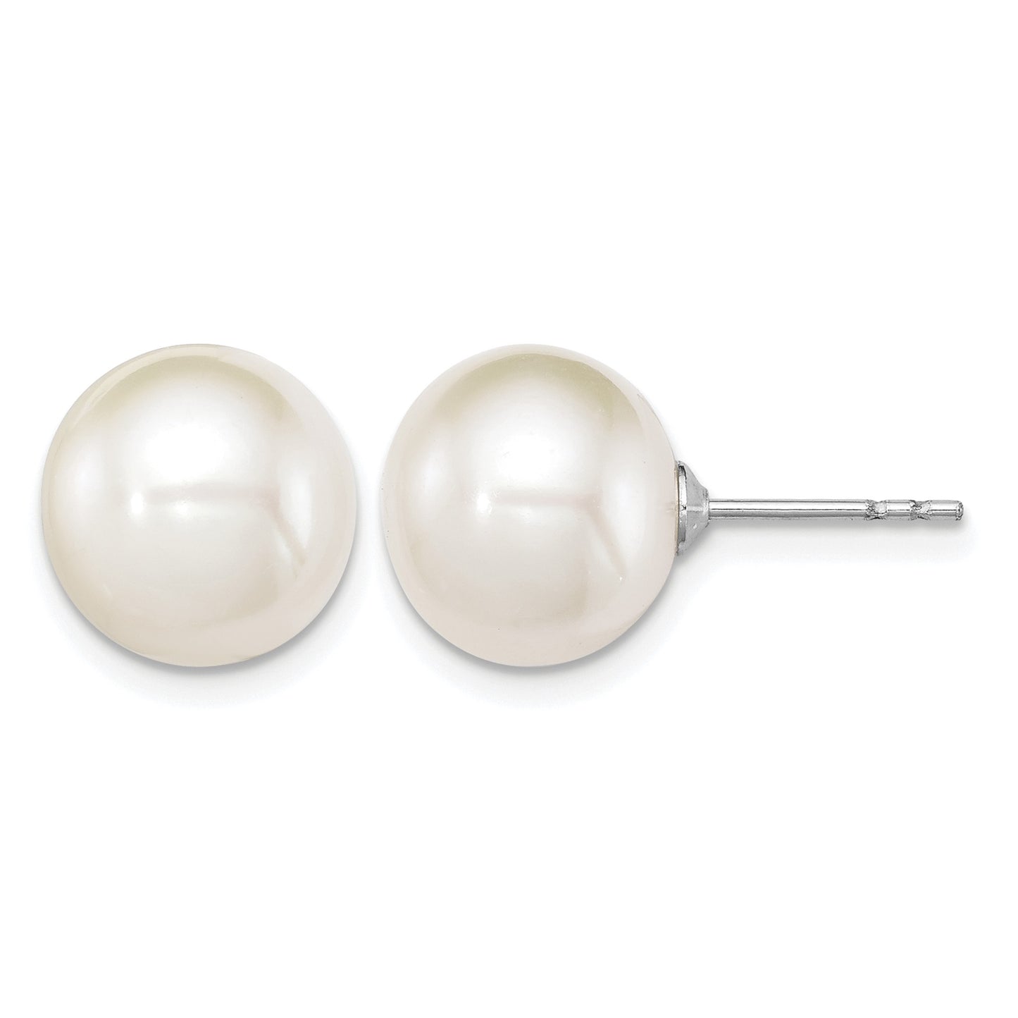 Sterling Silver Rhodium-plated 10-11mm White Round Freshwater Cultured Pearl Post Earrings