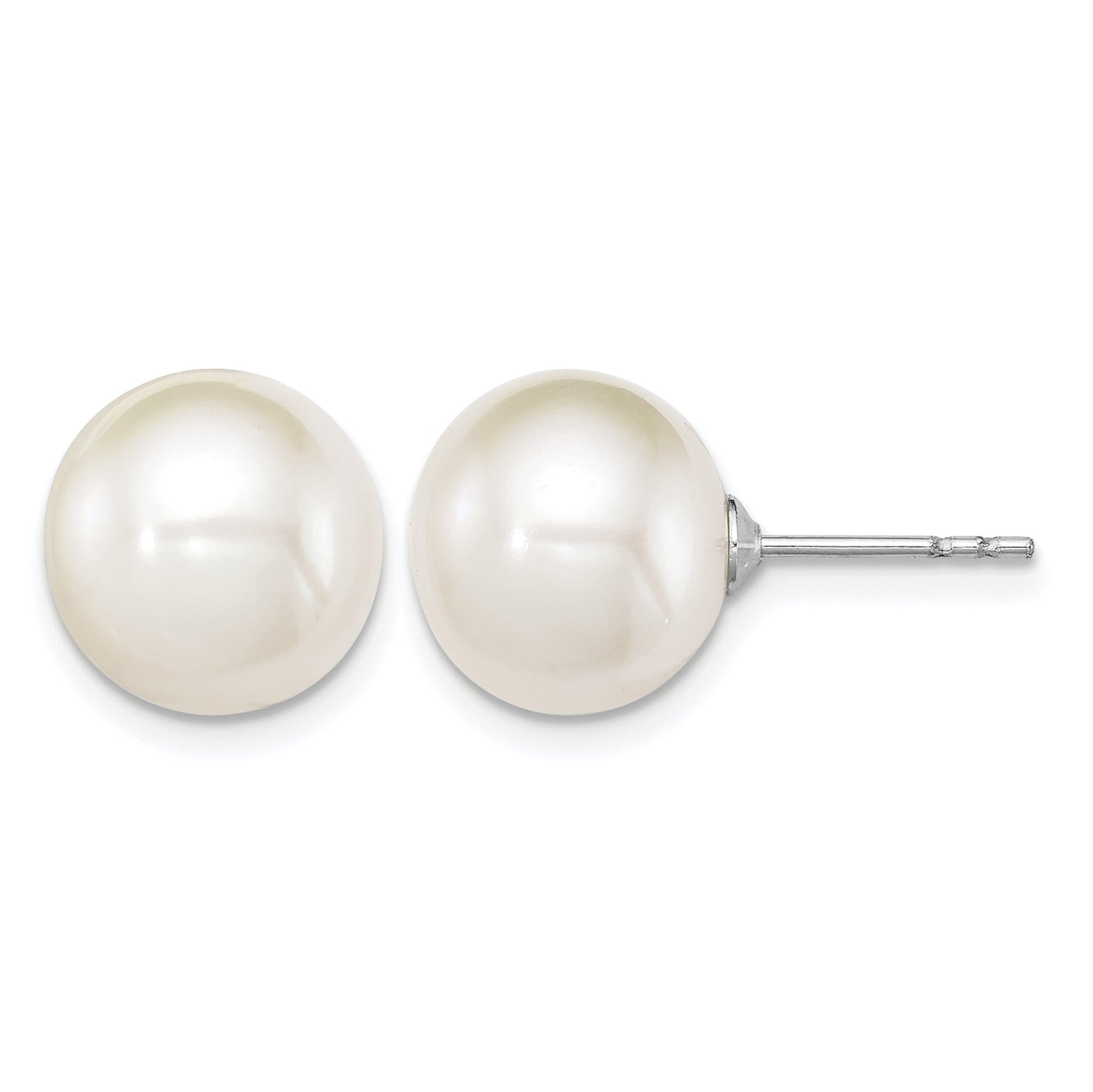 Sterling Silver Rhodium-plated 10-11mm White Round Freshwater Cultured Pearl Post Earrings
