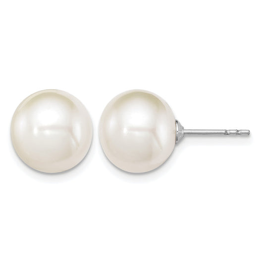 Sterling Silver Rhodium-plated 10-11mm White Round Freshwater Cultured Pearl Post Earrings