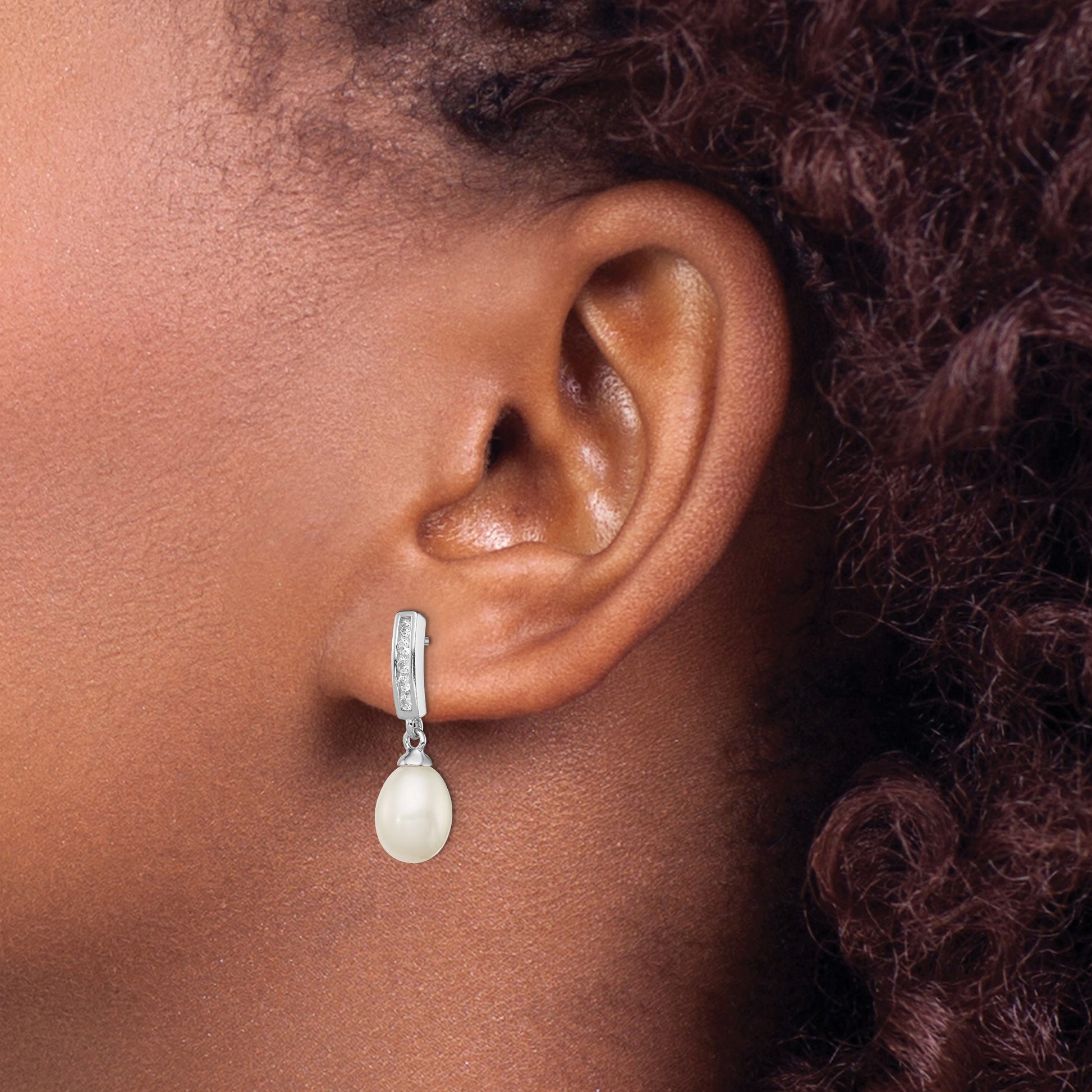 Sterling Silver Rhodium-plated 8-9mm White Rice Freshwater Cultured Pearl and CZ Post Dangle Earrings