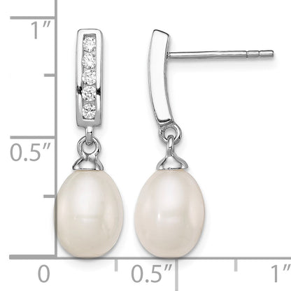 Sterling Silver Rhodium-plated 8-9mm White Rice Freshwater Cultured Pearl and CZ Post Dangle Earrings