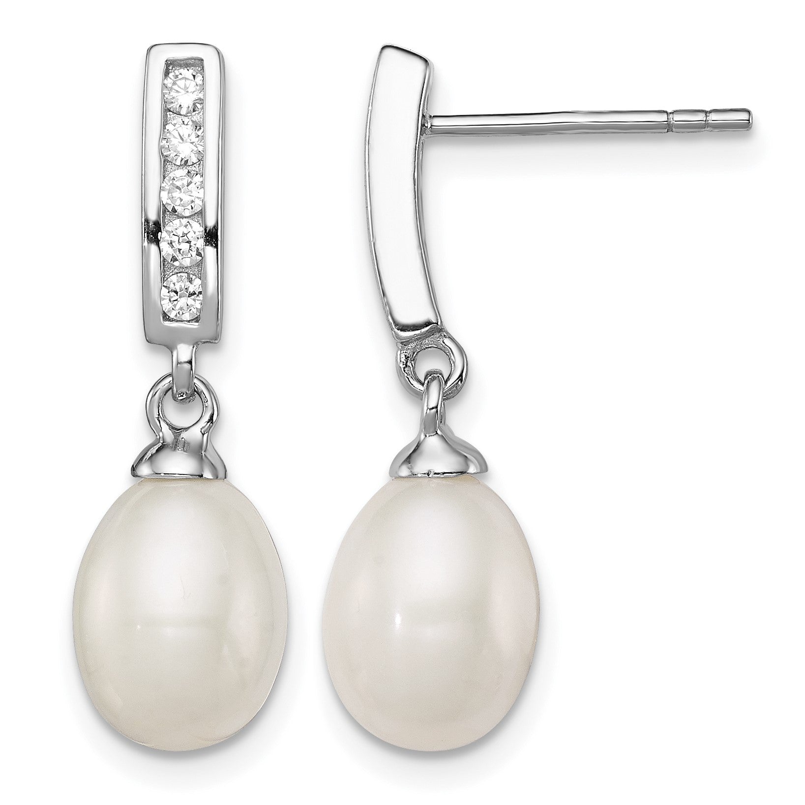 Sterling Silver Rhodium-plated 8-9mm White Rice Freshwater Cultured Pearl and CZ Post Dangle Earrings