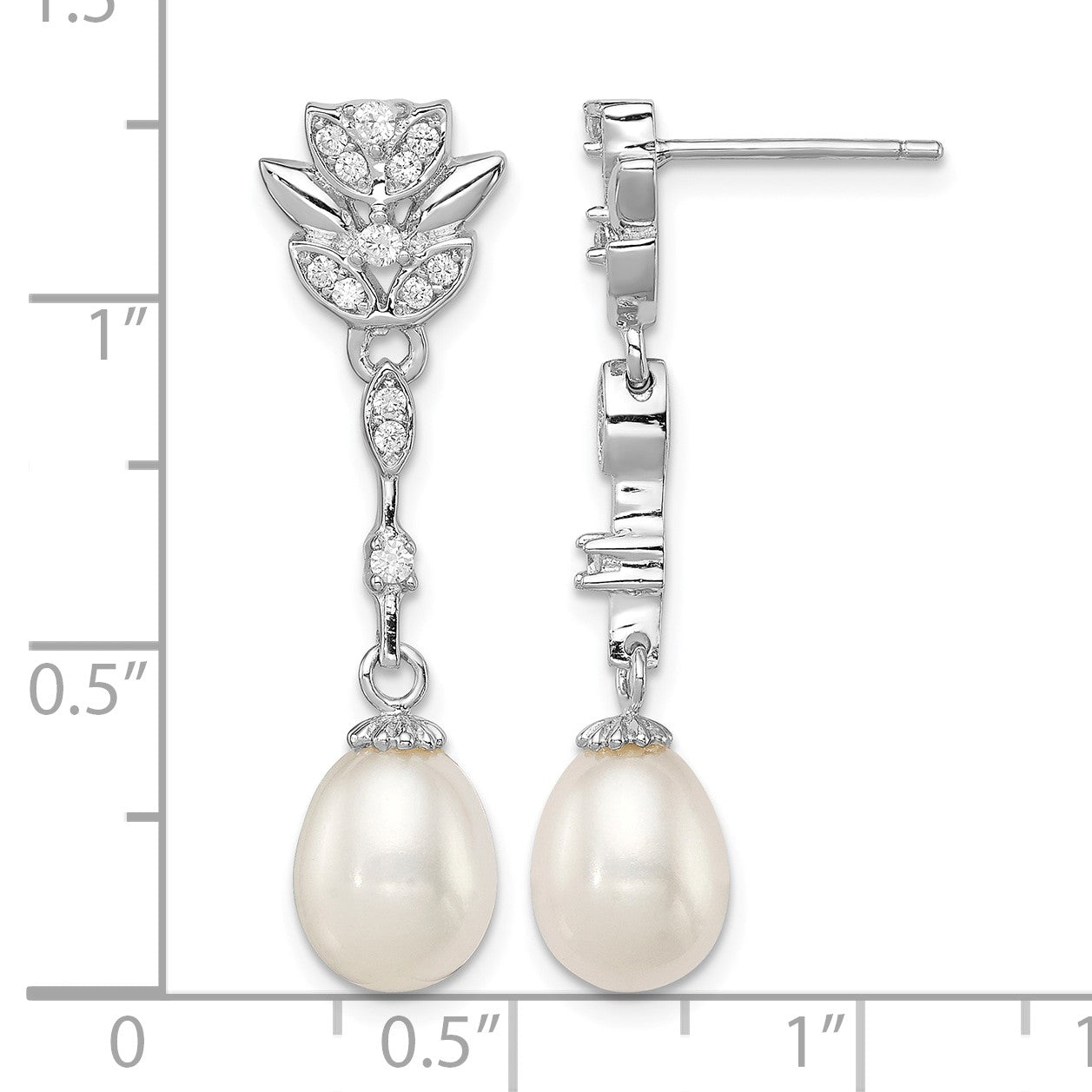 Sterling Silver Rhodium-plated 8-9mm White Teardrop Freshwater Cultured Pearl and CZ Post Dangle Earrings