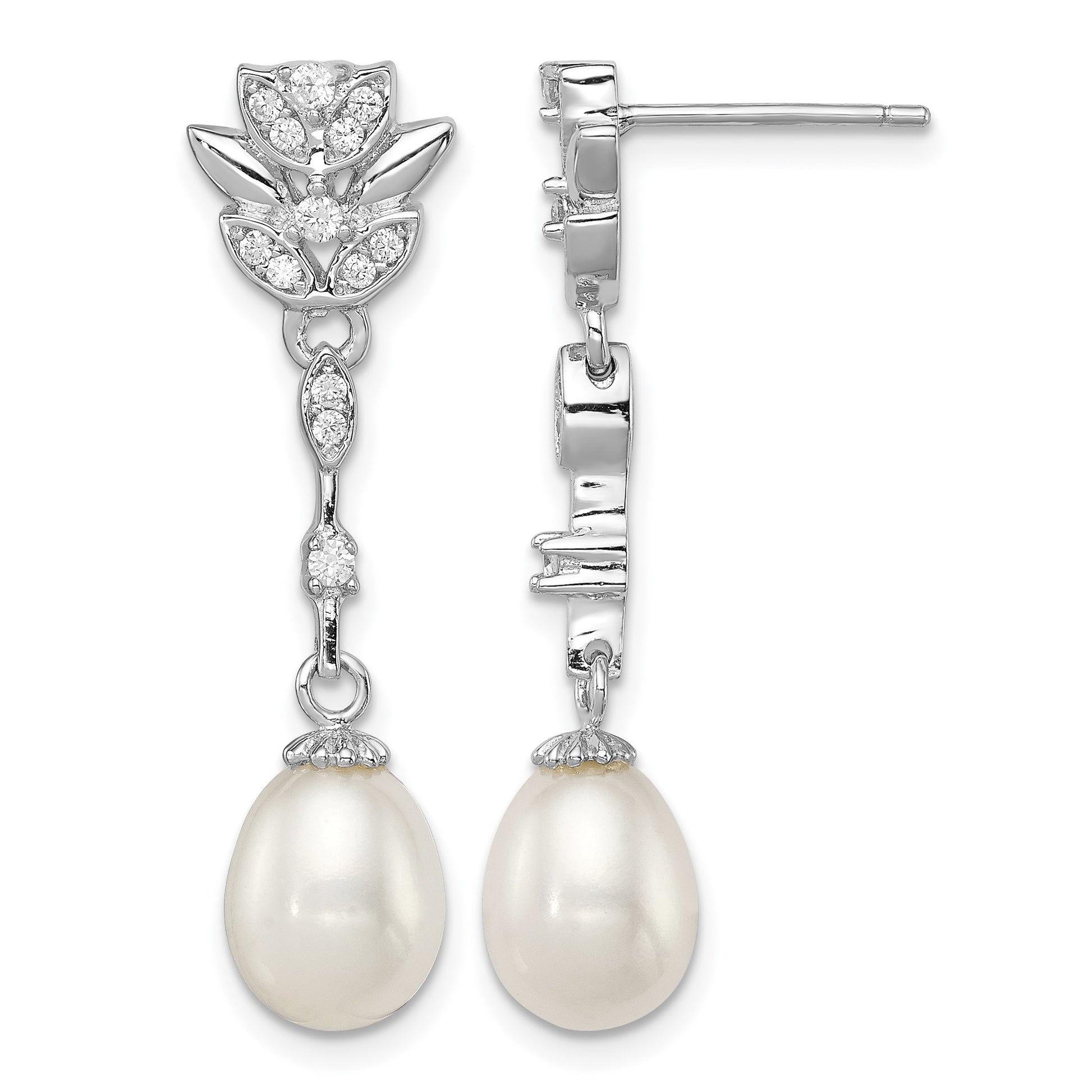 Sterling Silver Rhodium-plated 8-9mm White Teardrop Freshwater Cultured Pearl and CZ Post Dangle Earrings
