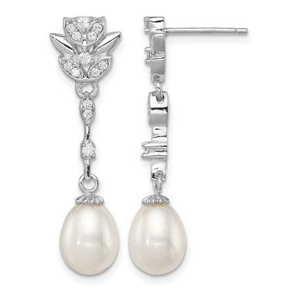 Sterling Silver Rhodium-plated 8-9mm White Teardrop Freshwater Cultured Pearl and CZ Post Dangle Earrings
