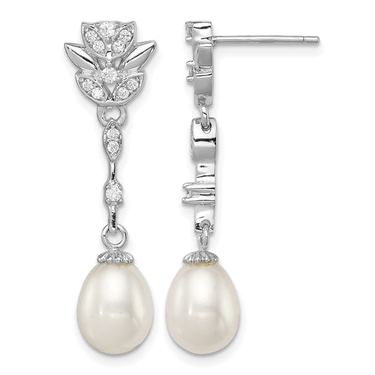 Sterling Silver Rhodium-plated 8-9mm White Teardrop Freshwater Cultured Pearl and CZ Post Dangle Earrings