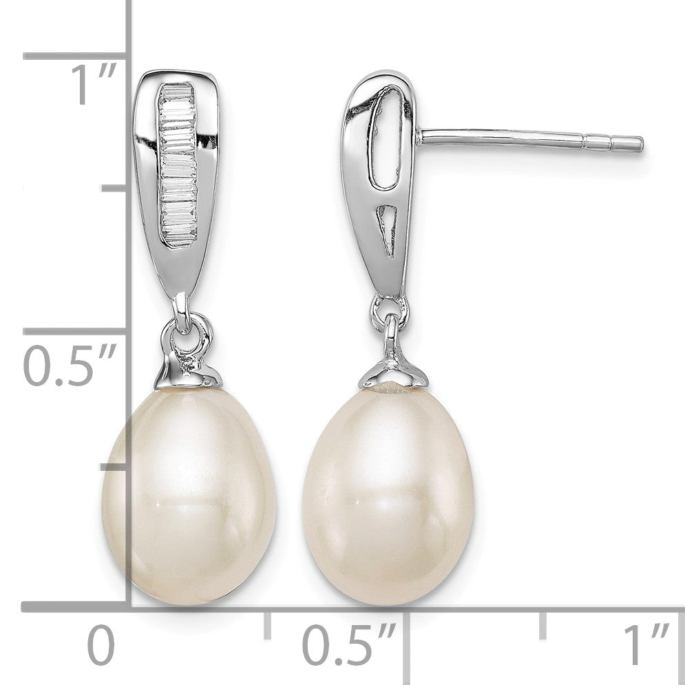 Sterling Silver Rhodium-plated 7-8mm White Rice Freshwater Cultured Pearl and CZ Post Dangle Earrings