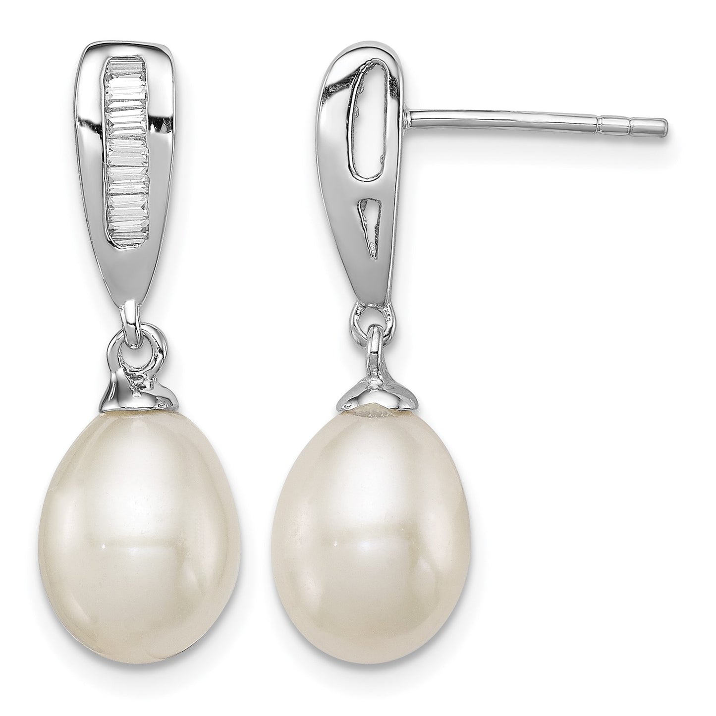 Sterling Silver Rhodium-plated 7-8mm White Rice Freshwater Cultured Pearl and CZ Post Dangle Earrings