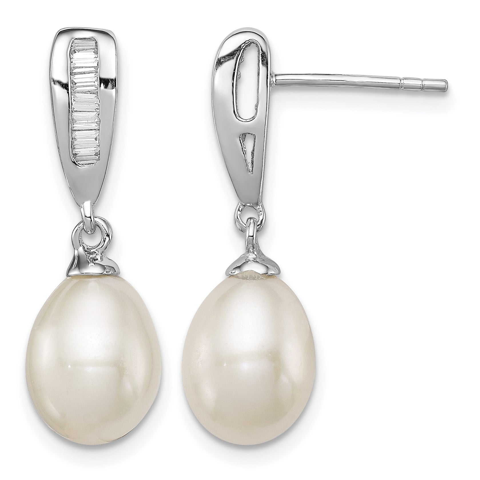 Sterling Silver Rhodium-plated 7-8mm White Rice Freshwater Cultured Pearl and CZ Post Dangle Earrings