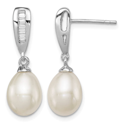 Sterling Silver Rhodium-plated 7-8mm White Rice Freshwater Cultured Pearl and CZ Post Dangle Earrings