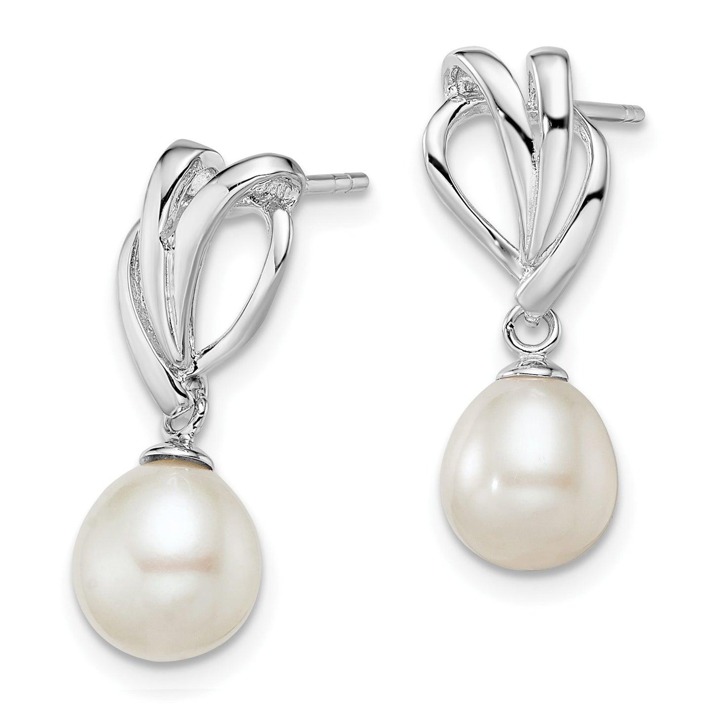 Sterling Silver Rhodium-plated 7-8mm White Rice Freshwater Cultured Pearl Post Dangle Earrings