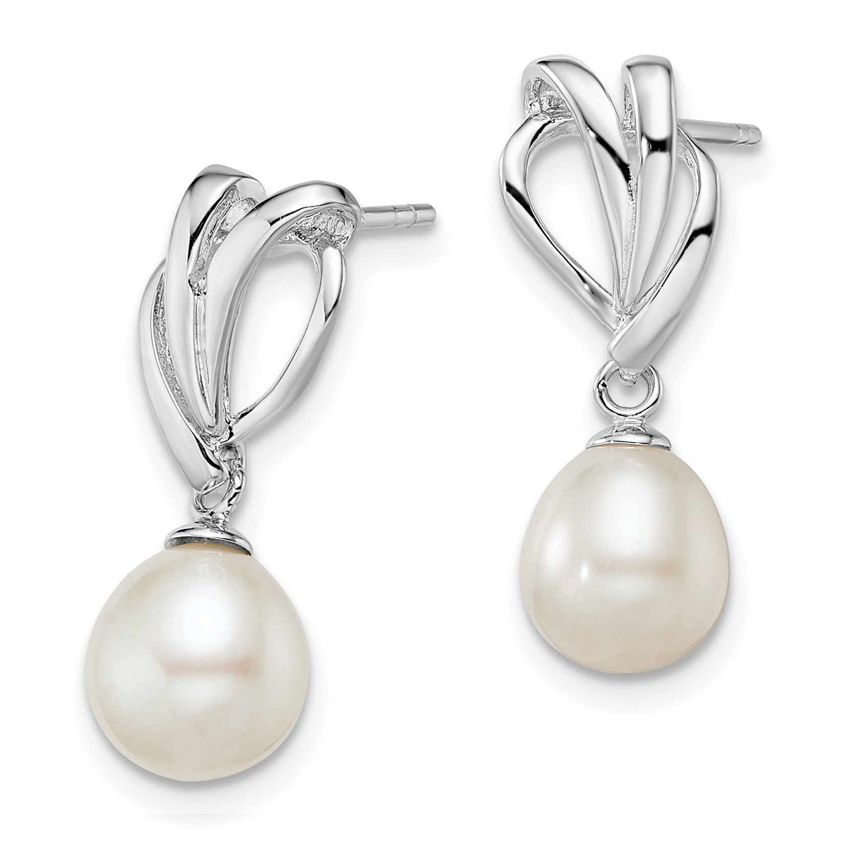 Sterling Silver Rhodium-plated 7-8mm White Rice Freshwater Cultured Pearl Post Dangle Earrings