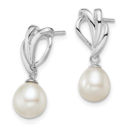 Sterling Silver Rhodium-plated 7-8mm White Rice Freshwater Cultured Pearl Post Dangle Earrings
