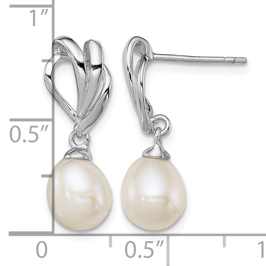 Sterling Silver Rhodium-plated 7-8mm White Rice Freshwater Cultured Pearl Post Dangle Earrings