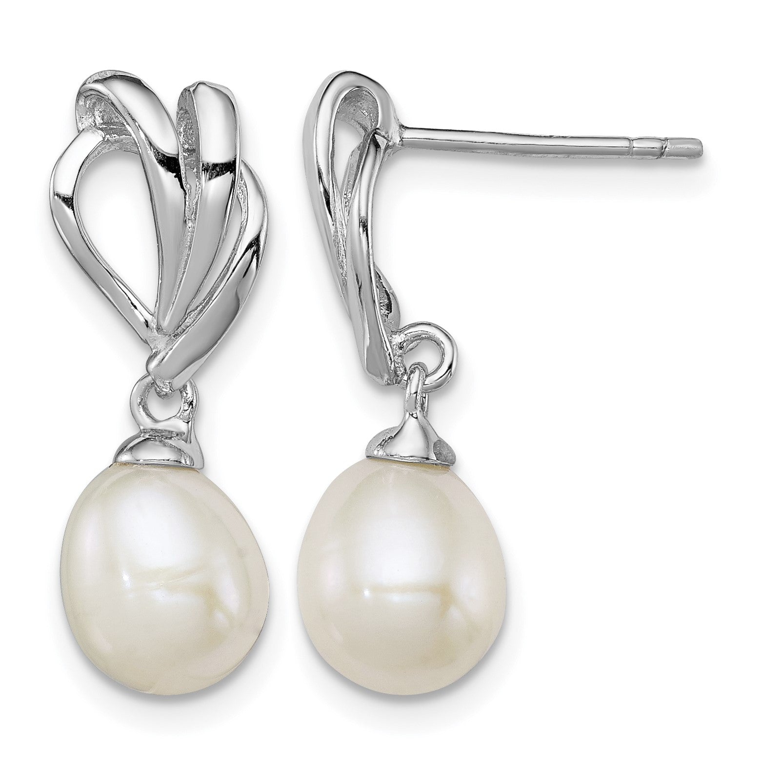 Sterling Silver Rhodium-plated 7-8mm White Rice Freshwater Cultured Pearl Post Dangle Earrings