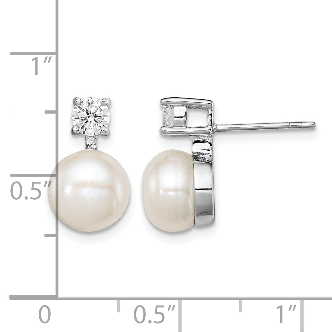 Sterling Silver Rhodium-plated 7-8mm White Button Freshwater Cultured Pearl and CZ Post Earrings