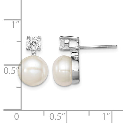 Sterling Silver Rhodium-plated 7-8mm White Button Freshwater Cultured Pearl and CZ Post Earrings
