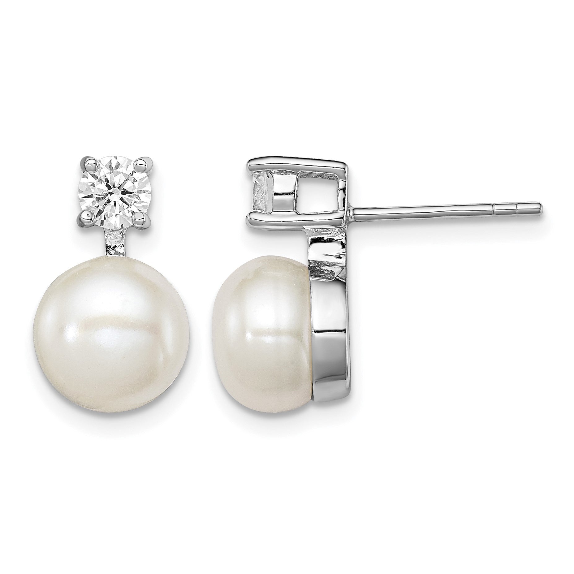 Sterling Silver Rhodium-plated 7-8mm White Button Freshwater Cultured Pearl and CZ Post Earrings