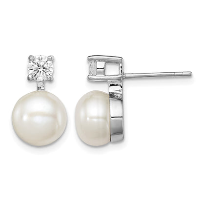 Sterling Silver Rhodium-plated 7-8mm White Button Freshwater Cultured Pearl and CZ Post Earrings