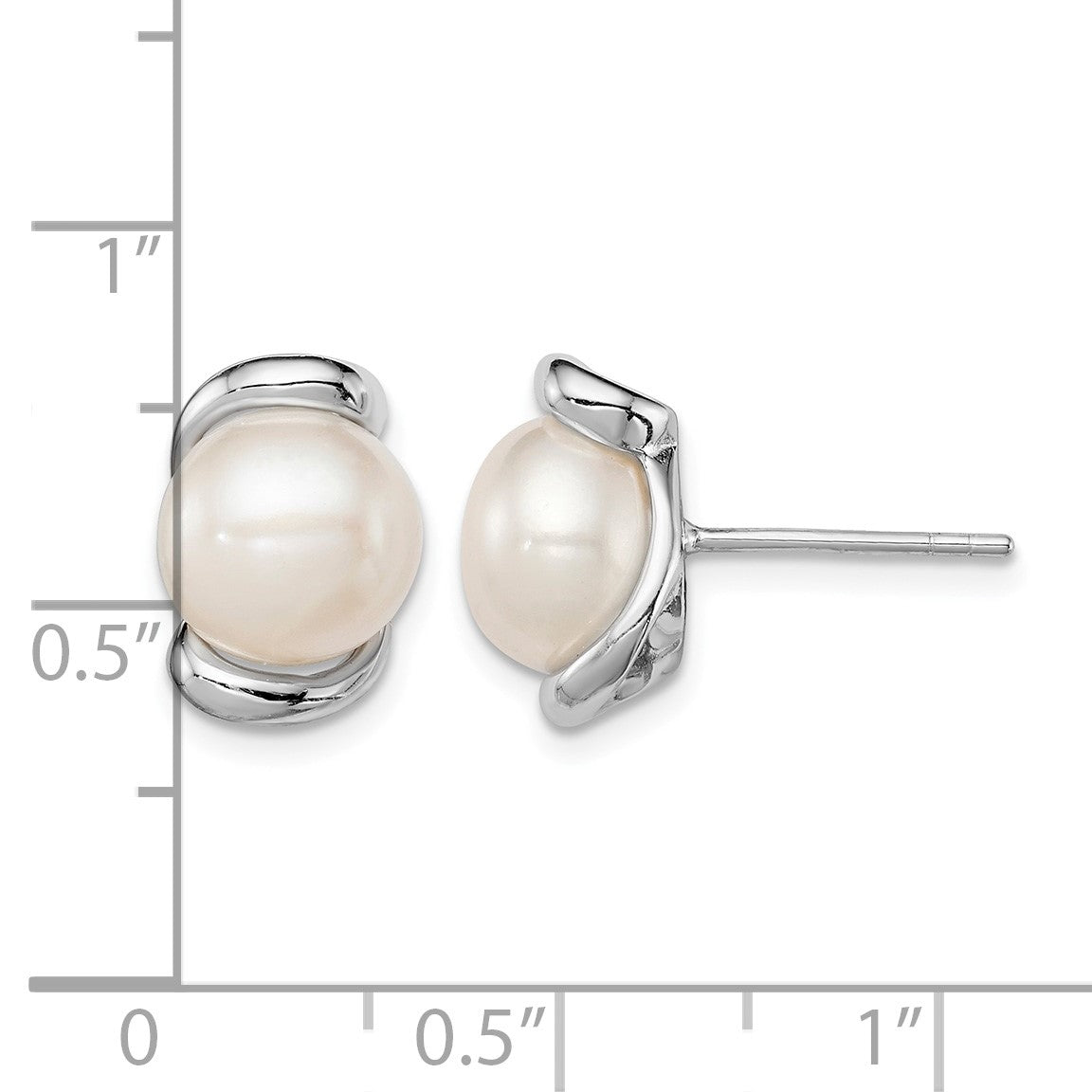 Sterling Silver Rhodium-plated 8-9mm White Button Freshwater Cultured Pearl Post Earrings