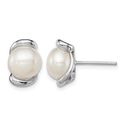 Sterling Silver Rhodium-plated 8-9mm White Button Freshwater Cultured Pearl Post Earrings