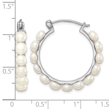 Sterling Silver Rhodium-plated 4-5mm White Button Freshwater Cultured Pearl Hoop Earrings