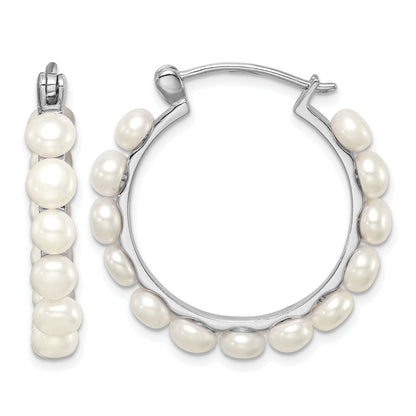 Sterling Silver Rhodium-plated 4-5mm White Button Freshwater Cultured Pearl Hoop Earrings