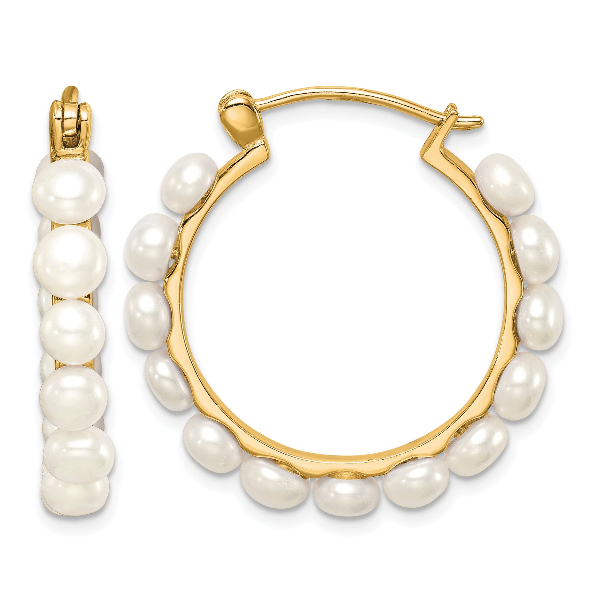 Sterling Silver Gold-plated 4-5mm White Button Freshwater Cultured Pearl Hoop Earrings