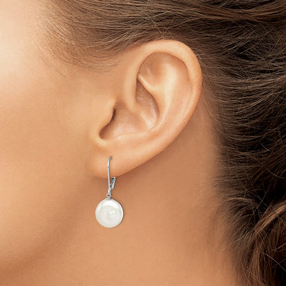 Sterling Silver Rhodium-plated 12-13mm White Coin Freshwater Cultured Pearl Leverback Dangle Earrings