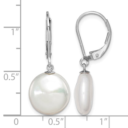Sterling Silver Rhodium-plated 12-13mm White Coin Freshwater Cultured Pearl Leverback Dangle Earrings
