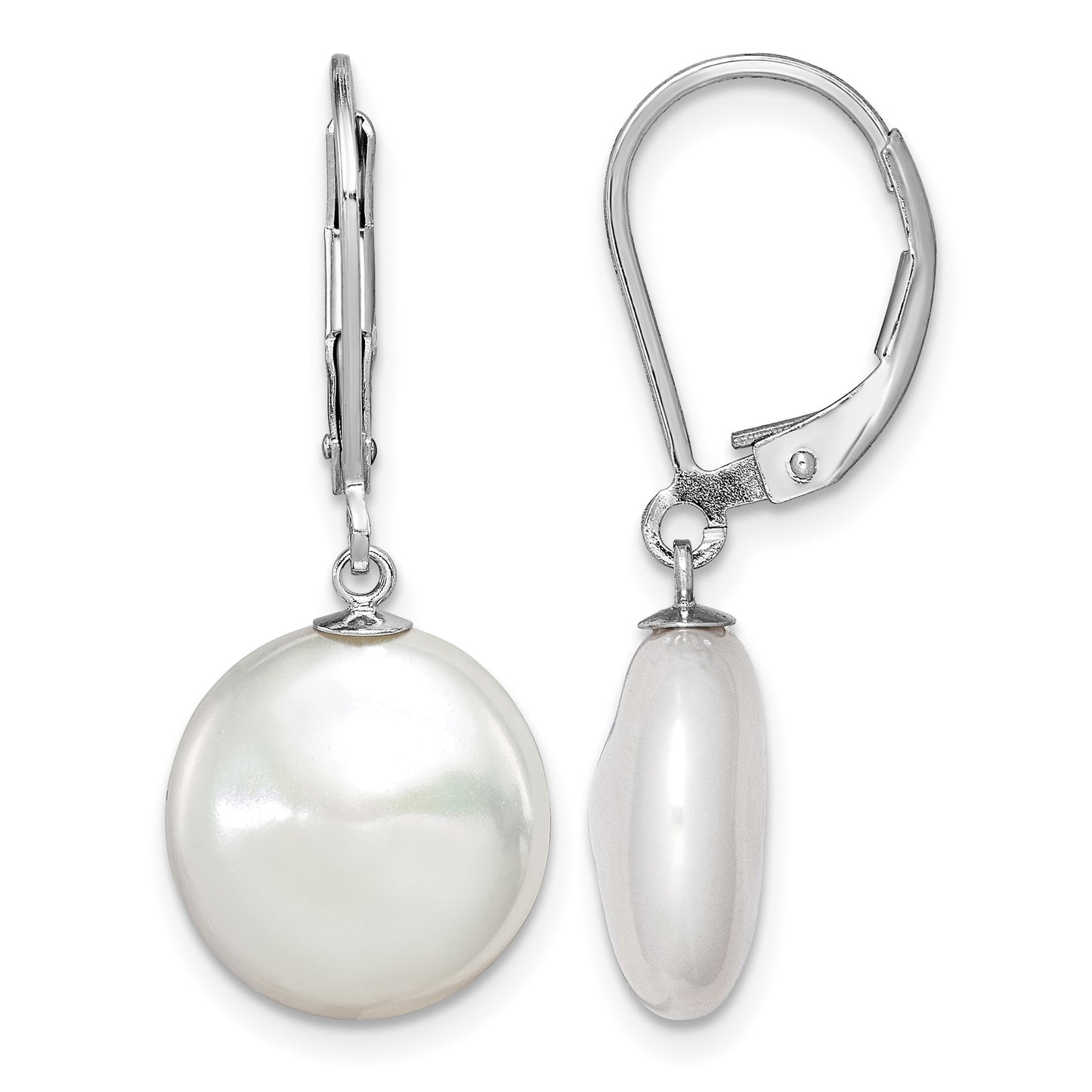Sterling Silver Rhodium-plated 12-13mm White Coin Freshwater Cultured Pearl Leverback Dangle Earrings