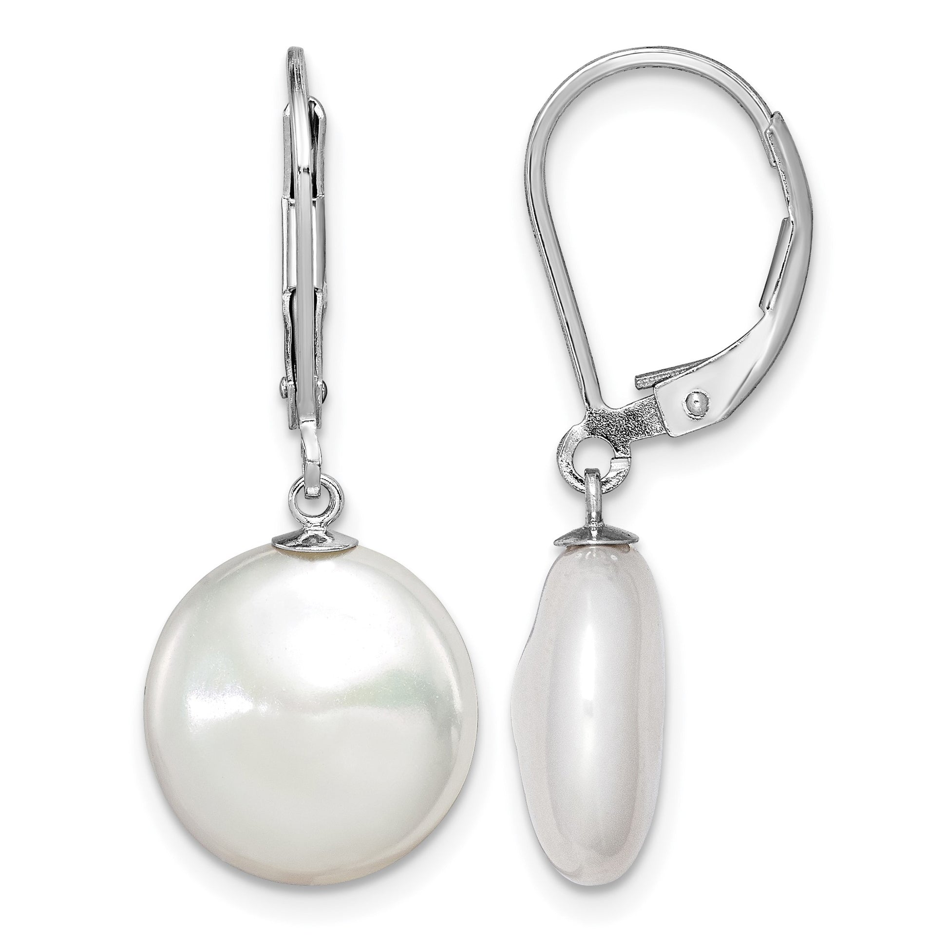 Sterling Silver Rhodium-plated 12-13mm White Coin Freshwater Cultured Pearl Leverback Dangle Earrings