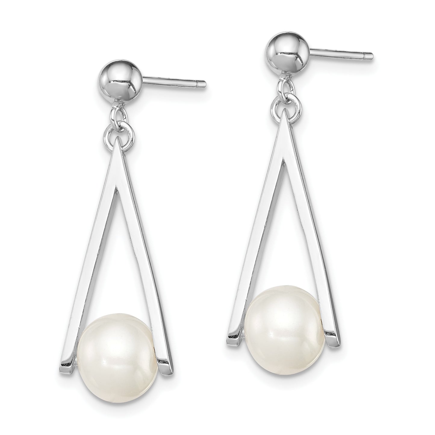Sterling Silver Rhodium-plated 8-9mm White Semi-Round Freshwater Cultured Pearl Triangle Post Dangle Earrings