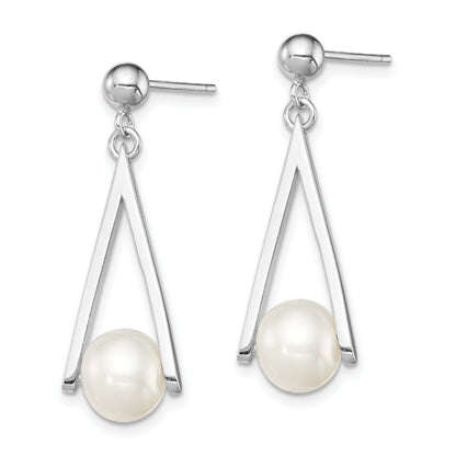 Sterling Silver Rhodium-plated 8-9mm White Semi-Round Freshwater Cultured Pearl Triangle Post Dangle Earrings