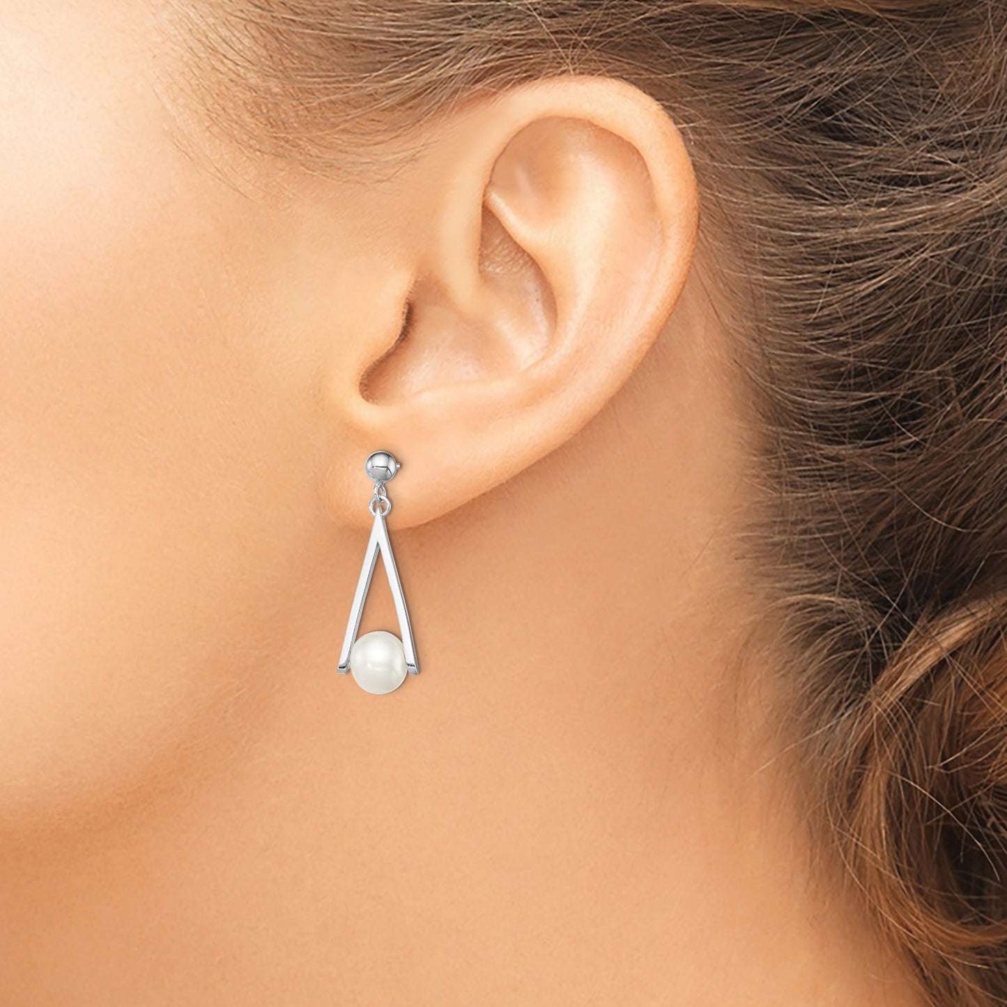 Sterling Silver Rhodium-plated 8-9mm White Semi-Round Freshwater Cultured Pearl Triangle Post Dangle Earrings