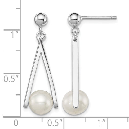 Sterling Silver Rhodium-plated 8-9mm White Semi-Round Freshwater Cultured Pearl Triangle Post Dangle Earrings